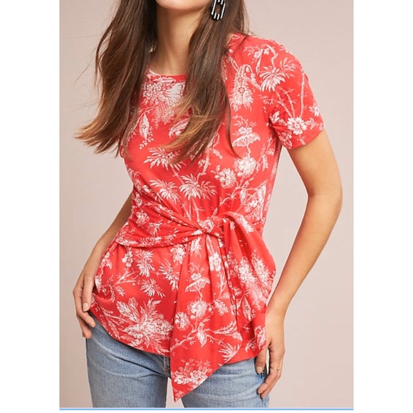 Anthropologie Tops - Anthropologie Coral Floral Tie-Waist Short Sleeve Top